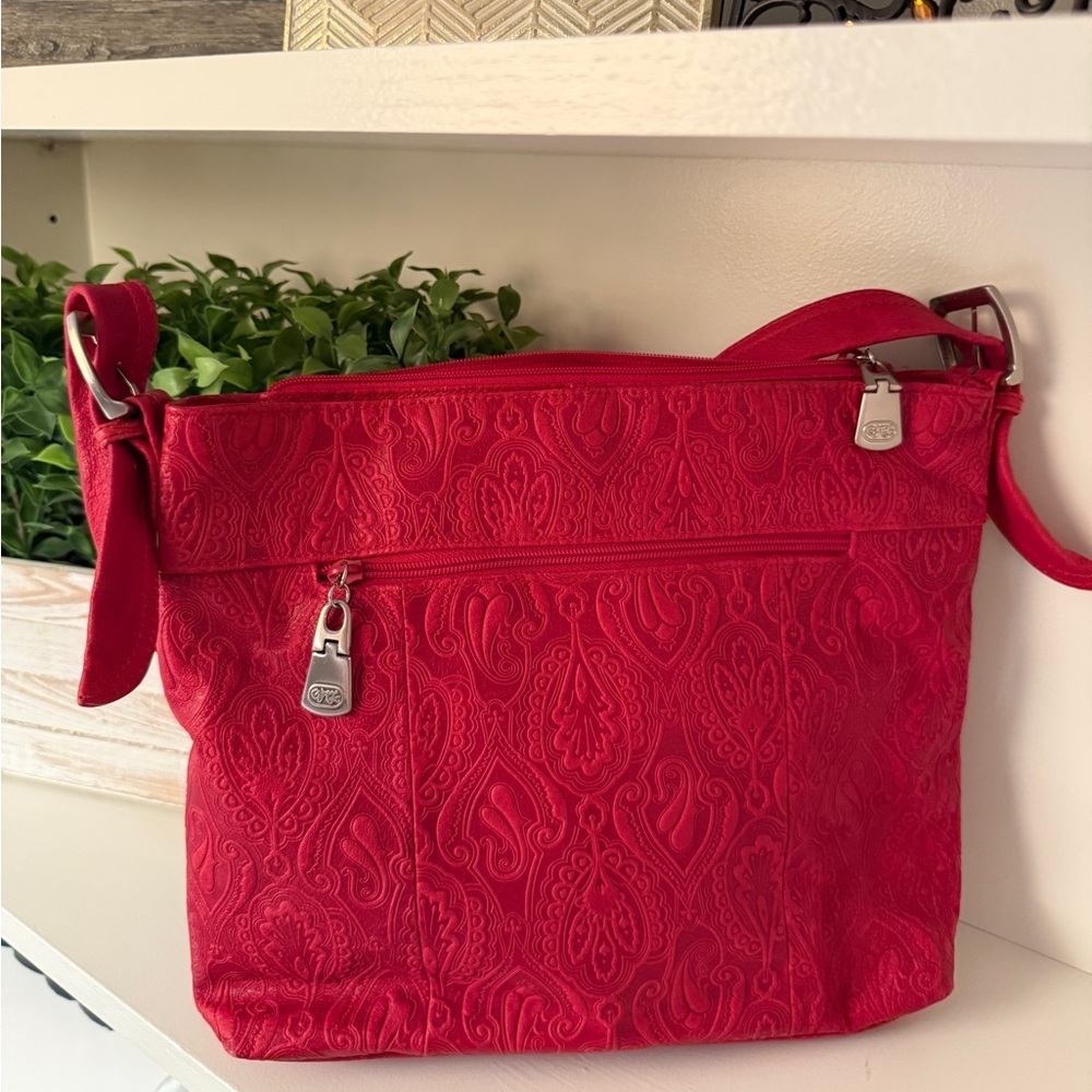 Genuine Leather Red Embossed Paisley Style Shoulder Bag with Adjustable Straps - Picture 2 of 15